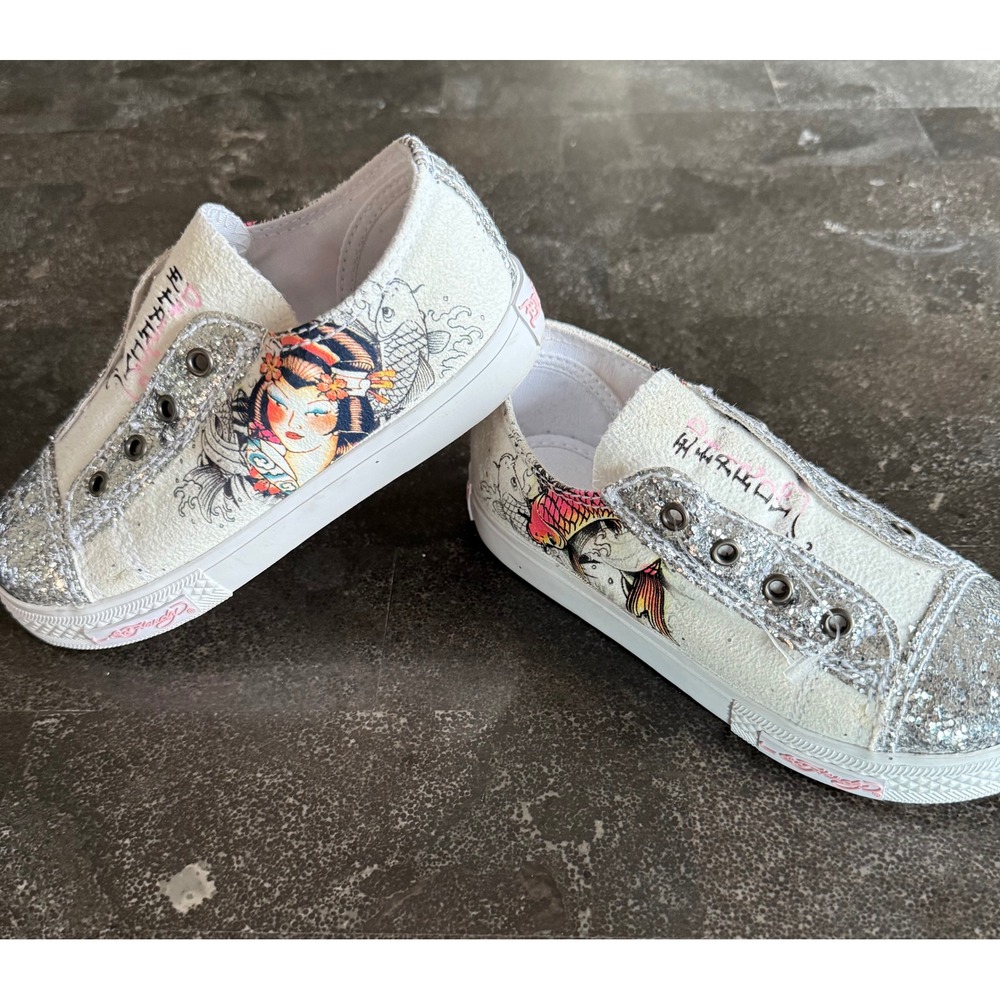 Ed‎ Hardy Shoes Silver Glitter Tattoo Koi Fish Girls Canvas Sneakers US Size 12